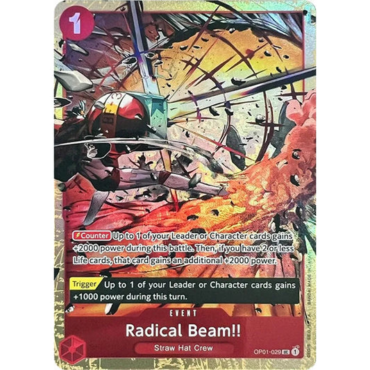 Radical Beam!! OP01-029 One Piece trading card with dynamic red and yellow anime art.