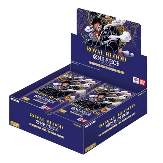 Royal Blood OP-10 One Piece Card Game booster box featuring Luffy on blue packaging with 24 sealed card packs inside.