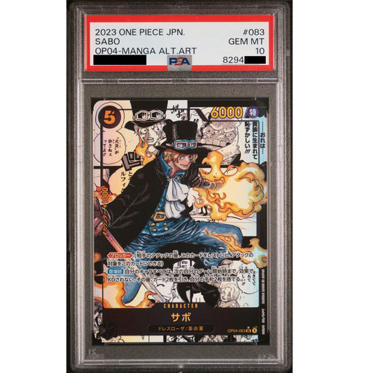 Sabo manga alternate art card, graded PSA 10 GEM MT, featuring Sabo in a blue suit with fire.