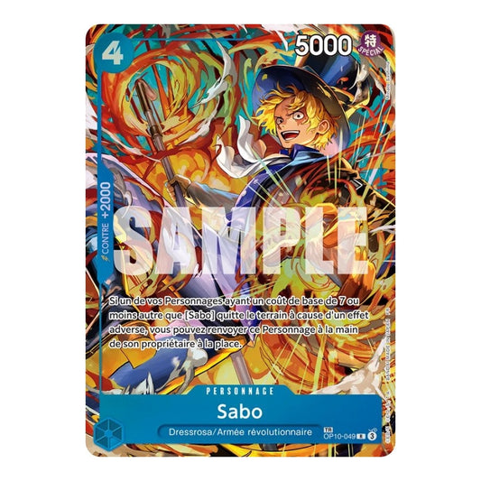 Carte One Piece Sabo OP10-049 Treasure Rare illustrant le personnage entouré de flammes orange et bleues vives.