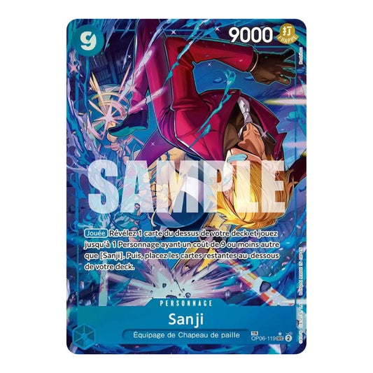 Carte One Piece Sanji OP06-119 Treasure Rare française, illustration dynamique en bleu et rouge, état Near Mint.