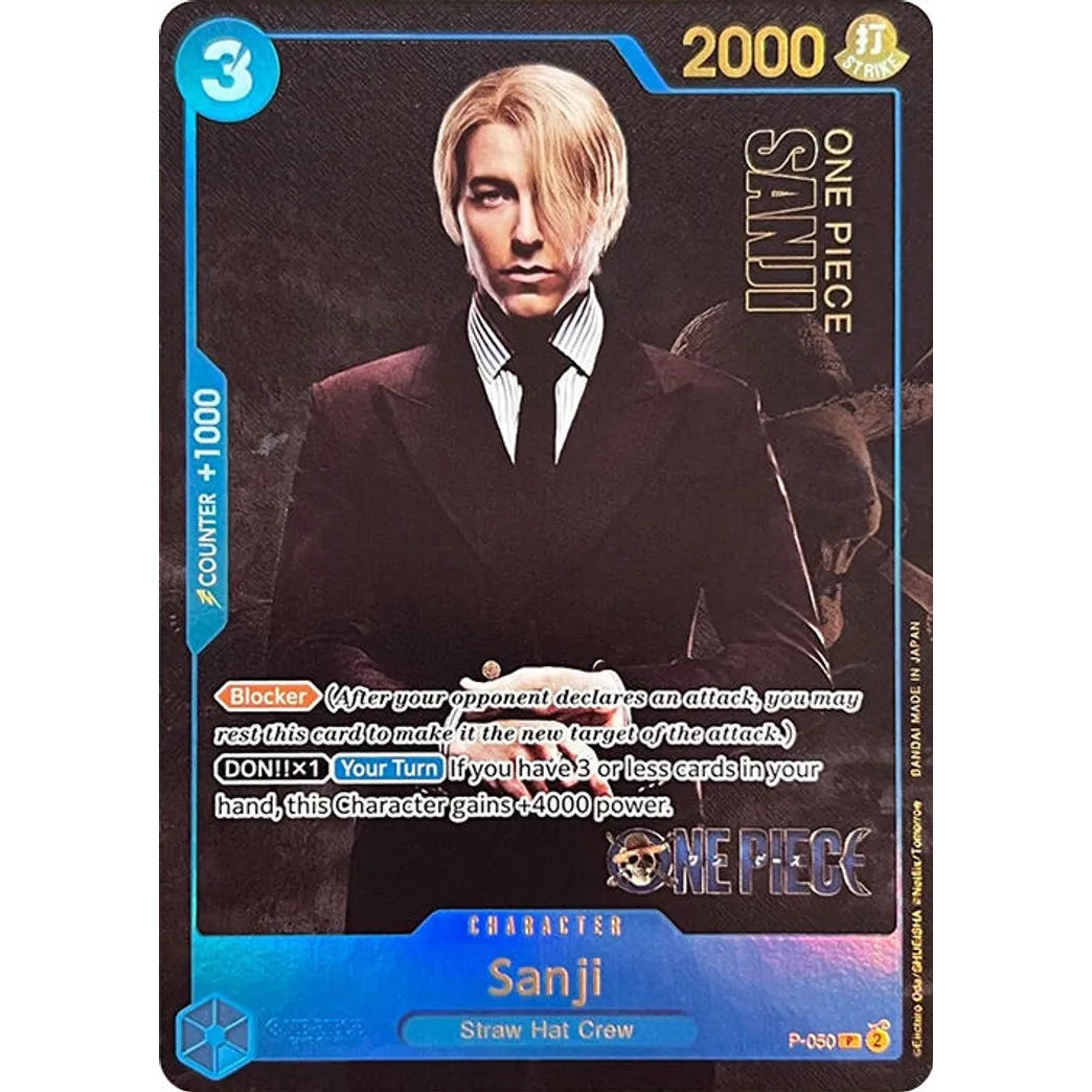 Sanji P-050 Live Action One Piece trading card, featuring Sanji in a black suit with blonde hair.