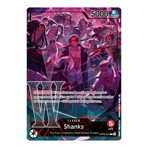 Near Mint Shanks OP09-001 2nd Anniversary leader card featuring red-toned Red-Haired Pirates art and 5000 power.