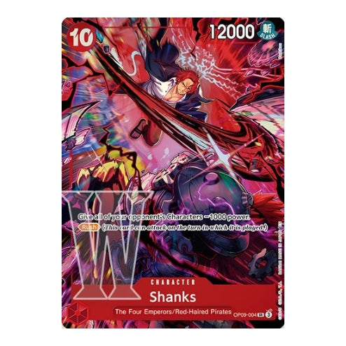 Shanks OP09-004 2nd Anniversary card featuring dynamic red-toned action art of the character with 12000 power.