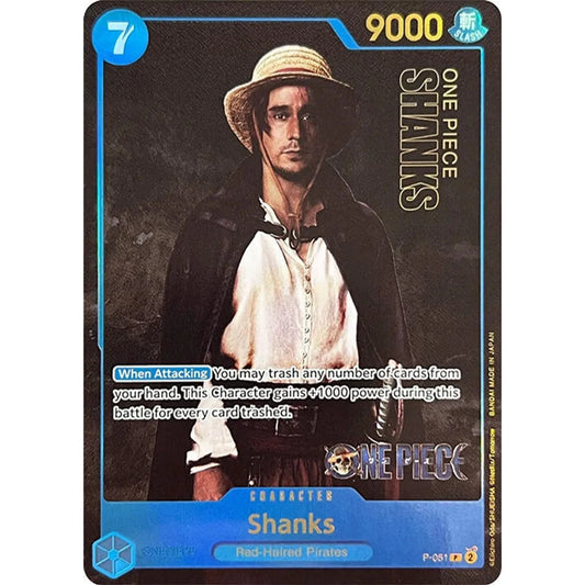 One Piece Shanks P-051 Live Action trading card featuring a man in a straw hat and black cape.