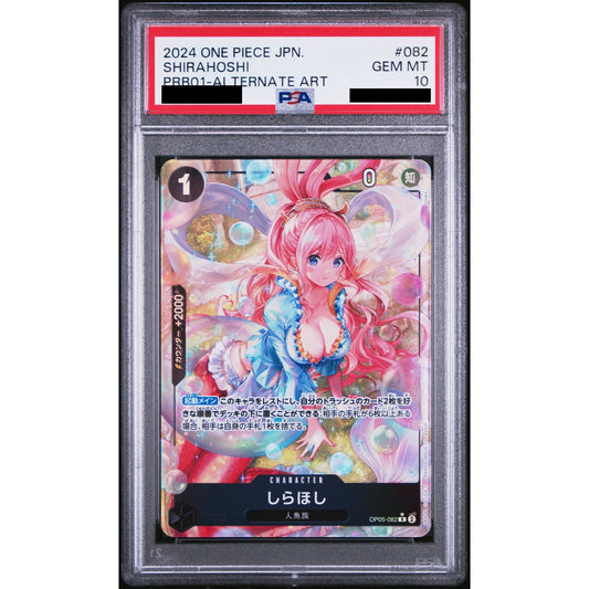 PSA 10 graded Japanese Shirahoshi One Piece card featuring pink-haired mermaid art in a protective plastic slab.