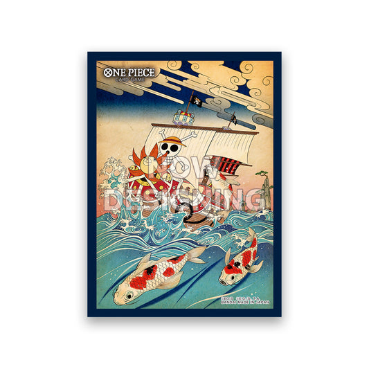 One Piece Card Game sleeve with Going Merry ship, koi fish, and traditional Japanese art style.