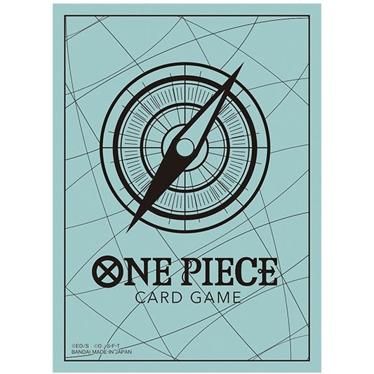 Light blue One Piece Card Game sleeve with a black compass design and grid lines.