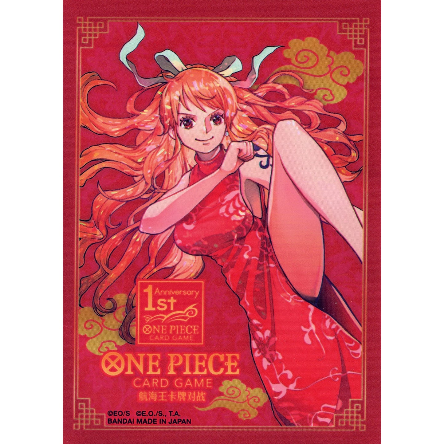 Red One Piece Card Game sleeve featuring Nami in a red cheongsam, with gold clouds and "1st Anniversary" text.