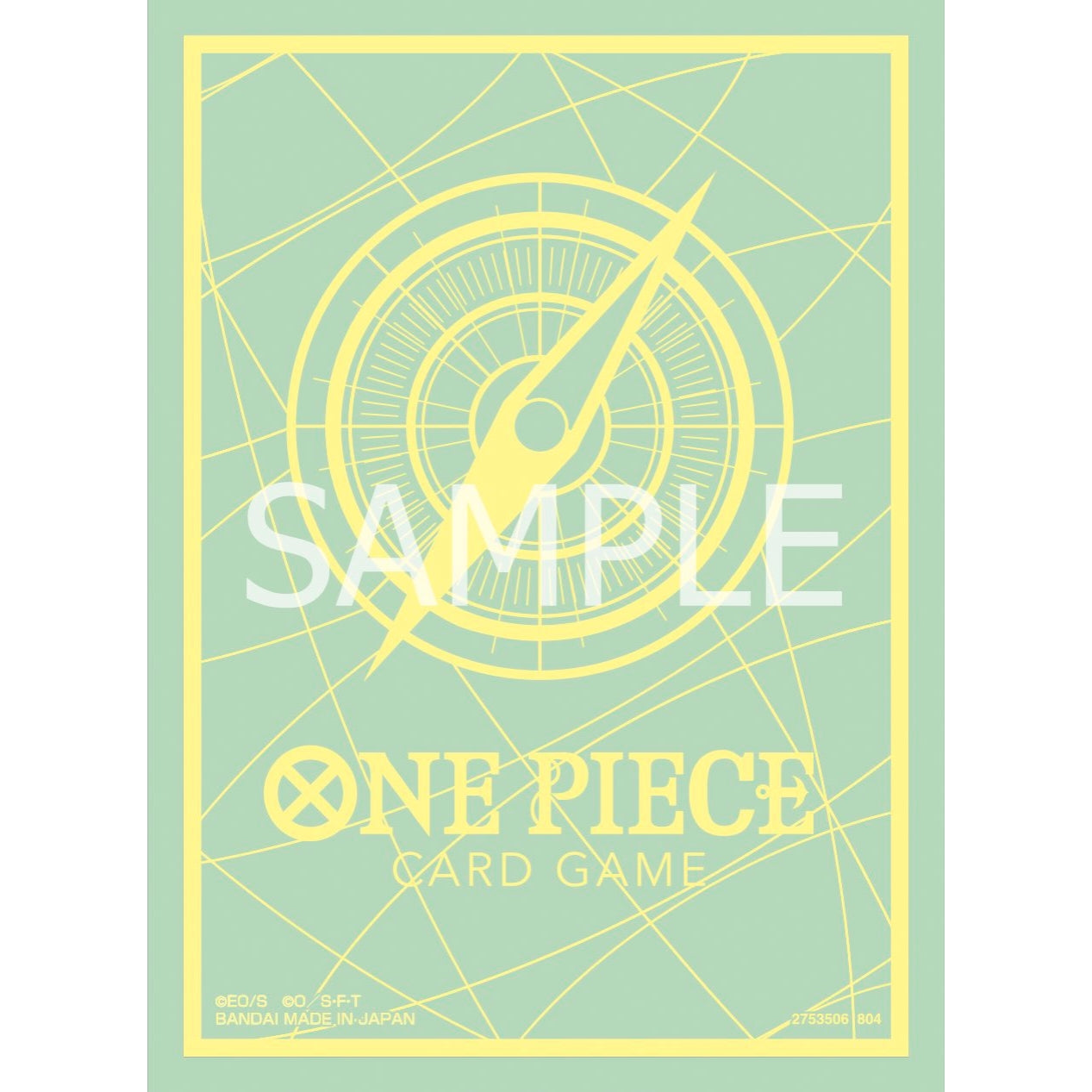 Green/yellow One Piece Card Game sleeve with a compass design and "SAMPLE" watermark.