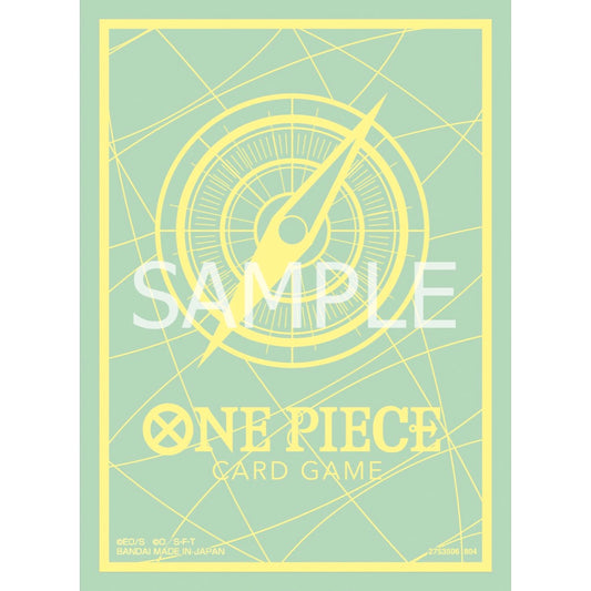 Green/yellow One Piece Card Game sleeve with a compass design and "SAMPLE" watermark.