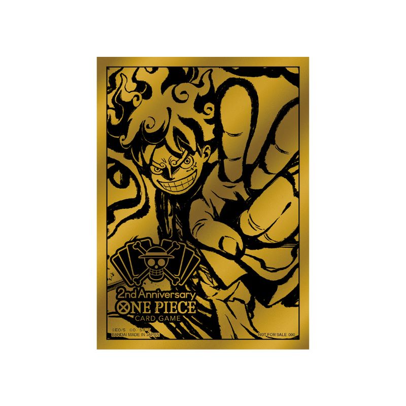 Gold One Piece 2nd Anniversary card sleeve featuring a black illustration of Luffy in Gear 5 form.