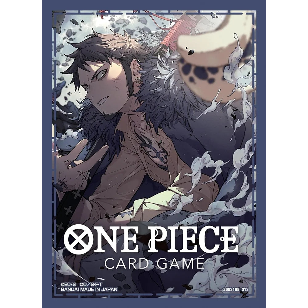 One Piece Card Game sleeve featuring Law in a dynamic pose, surrounded by smoke, with a dark blue border.