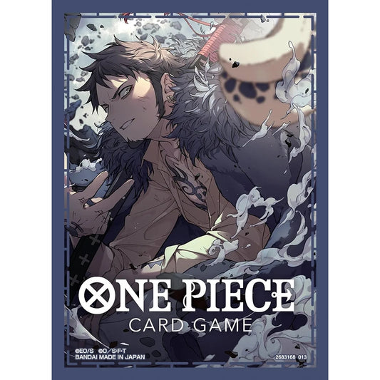 One Piece Card Game sleeve featuring Law in a dynamic pose, surrounded by smoke, with a dark blue border.