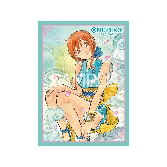 One Piece Card Game Nami protective sleeve featuring a teal and yellow anime illustration with floral accents.