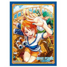 One Piece Card Game Nami sleeve with vibrant anime art, blue border, and characters on a ship.
