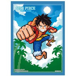 Blue One Piece Card Game sleeve with pixel art Luffy punching, sky, sun, and palm trees.