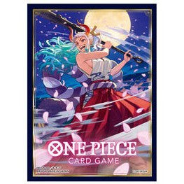 One Piece Card Game sleeve featuring Yamato in a dynamic pose against a full moon, with pink petals.