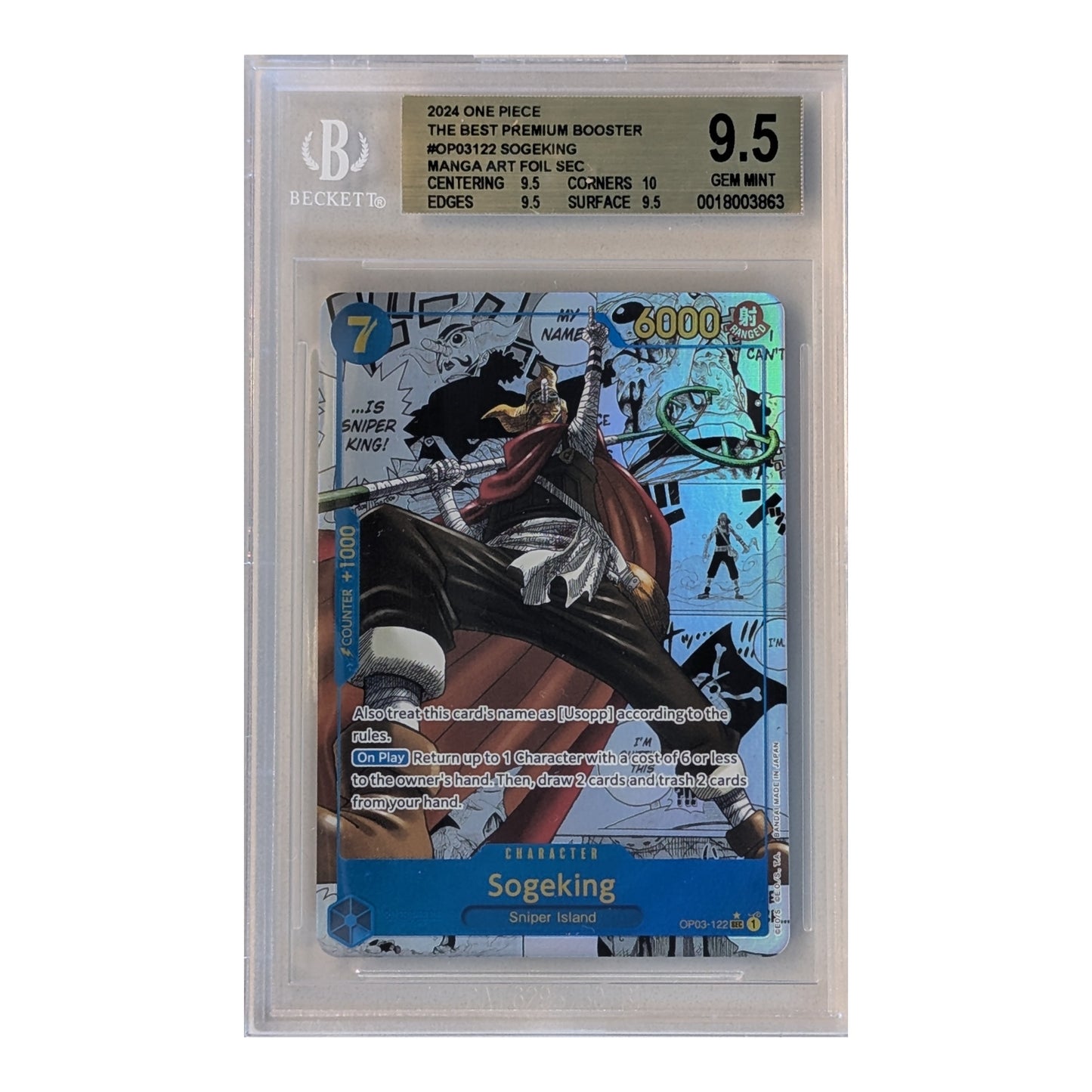 BGS 9.5 graded One Piece Sogeking OP03-122 Manga Art foil card featuring a dynamic illustration in a protective slab.