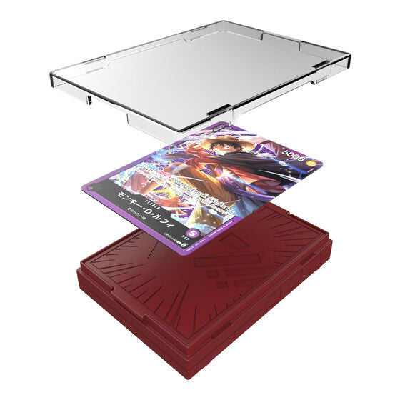 Japanese One Piece TCG Sound Loader, a clear top, red base, and "Monkey D. Luffy" card.