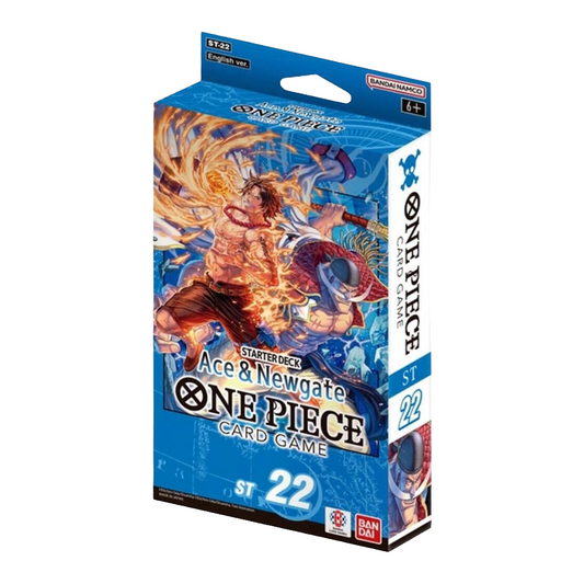 One Piece Card Game ST-22 Starter Deck box featuring Ace and Newgate artwork on a blue background.