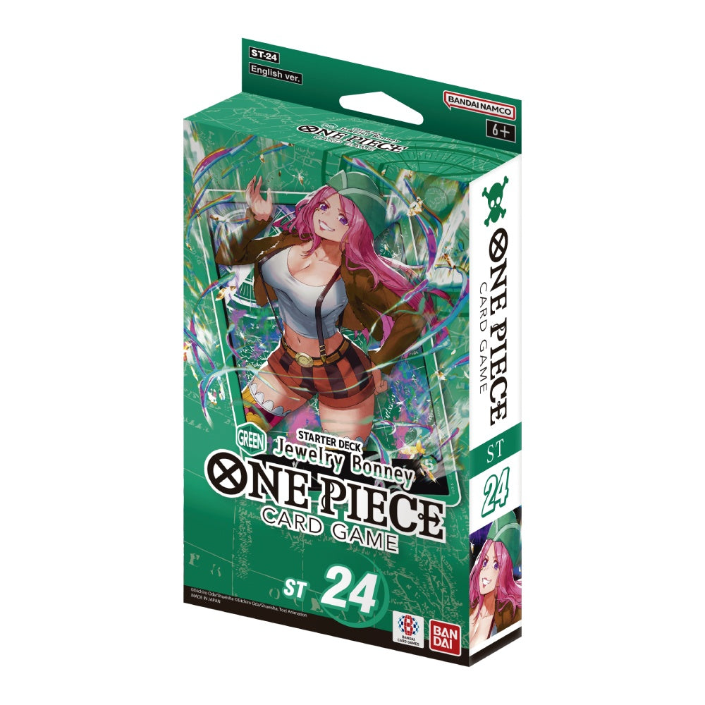 One Piece Card Game ST-24 Jewelry Bonney green starter deck box featuring character artwork and Bandai branding.