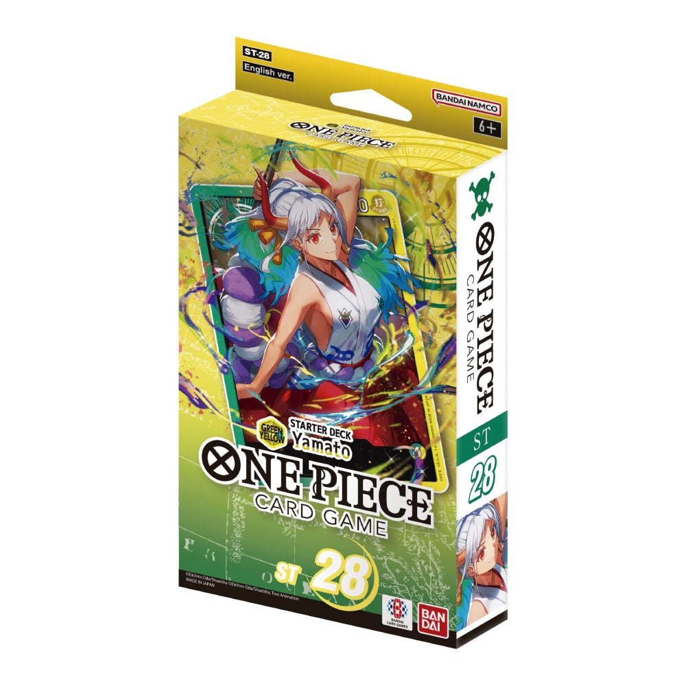 One Piece Card Game ST-28 Yamato Starter Deck box featuring green and yellow branding with Yamato character artwork.
