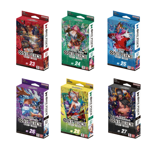 Six One Piece Card Game starter decks ST-23 through ST-28 featuring colorful character art boxes for Shanks, Bonney, and Luffy.