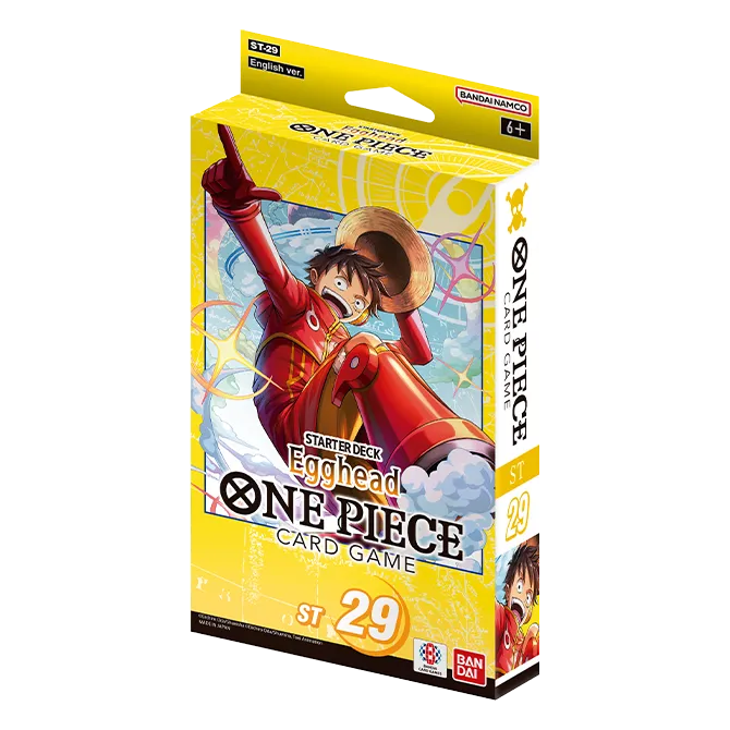 One Piece Card Game ST-29 Egghead Starter Deck box featuring Monkey D. Luffy in a bright yellow, illustrated package.