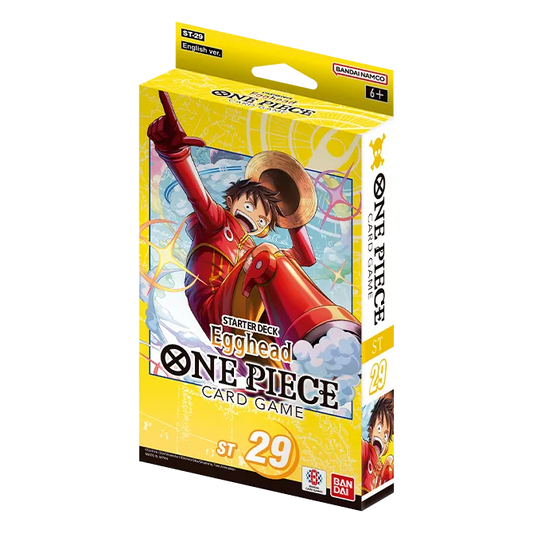 One Piece Card Game ST-29 Egghead Starter Deck box featuring Monkey D. Luffy in a bright yellow, illustrated package.