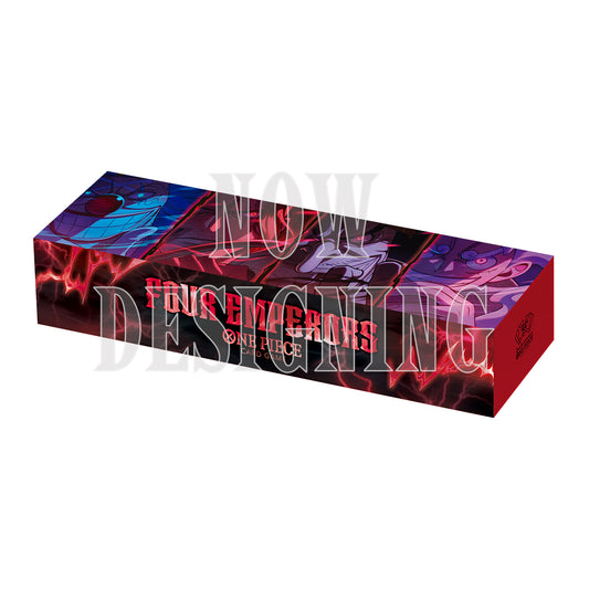 One Piece 2nd Anniversary cardboard storage box featuring Four Emperors character art with red lightning accents.