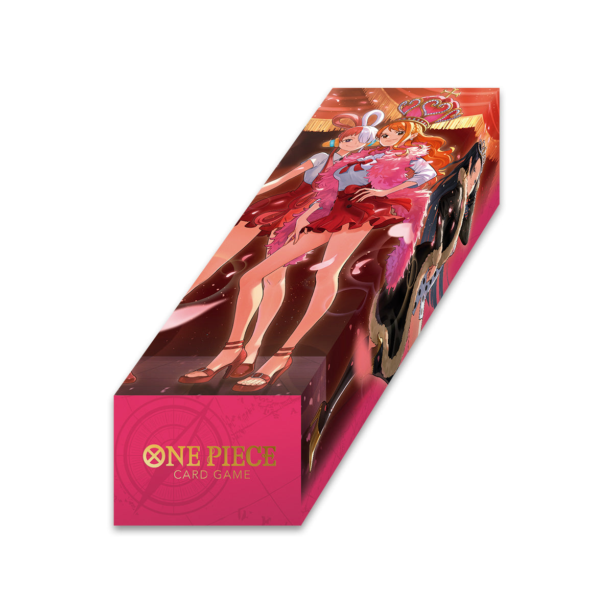 One Piece Card Game storage box in coated cardboard featuring colorful anime heroines, gold logo, and pink map design.