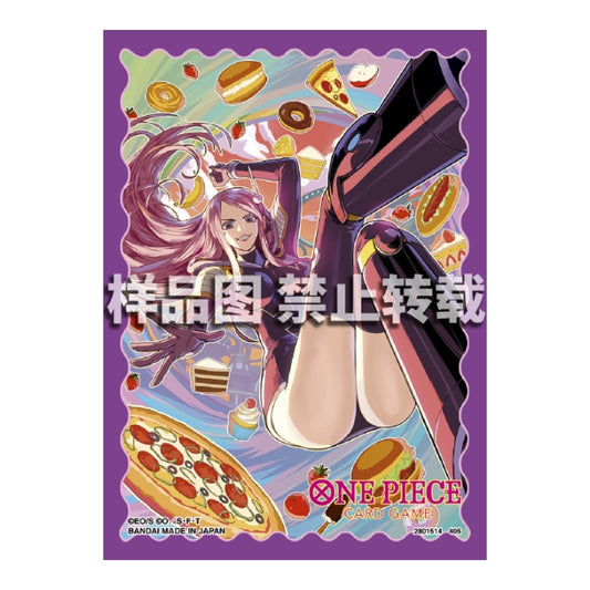 One Piece Card Game Bonney protective sleeves featuring a purple border and colorful anime art of Bonney with food.
