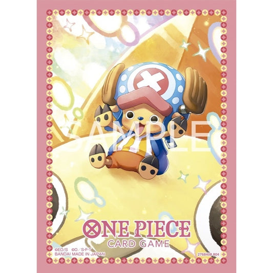 One Piece Card Game protective sleeve featuring Tony Tony Chopper on a pink background with a decorative border.