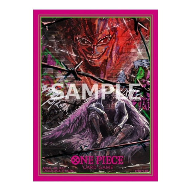 Donquixote Doflamingo One Piece card sleeve featuring vibrant pink borders, graffiti art, and barbed wire design.