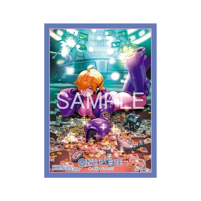 One Piece Card Game protective sleeve featuring Lilith with orange hair, purple jacket, and coins on a dark background.