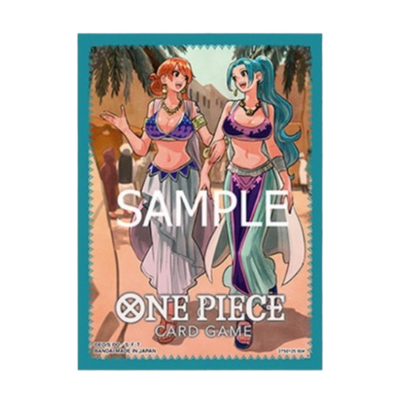 One Piece Card Game sleeve featuring Nami and Vivi in desert attire, with a teal border.