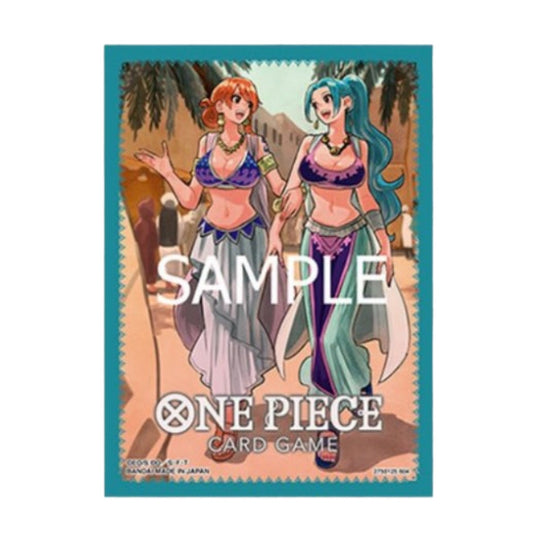 One Piece Card Game sleeve featuring Nami and Vivi in desert attire, with a teal border.