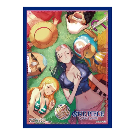 One Piece Card Game protective sleeves featuring Nico Robin and Straw Hat crew members resting on grass, 70-count pack.