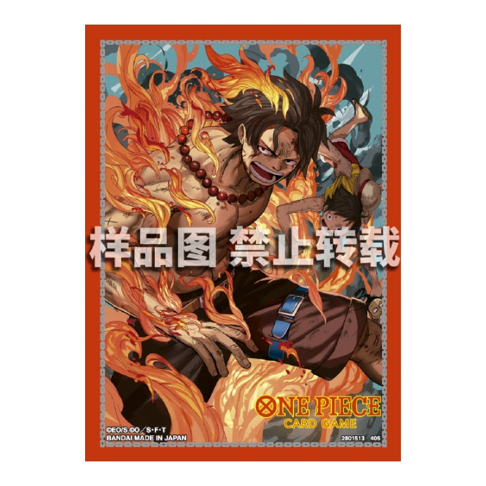 One Piece Card Game protective sleeve featuring Portgas D. Ace surrounded by orange flames on a red background.