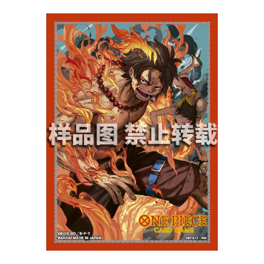 One Piece Card Game protective sleeve featuring Portgas D. Ace surrounded by orange flames on a red background.