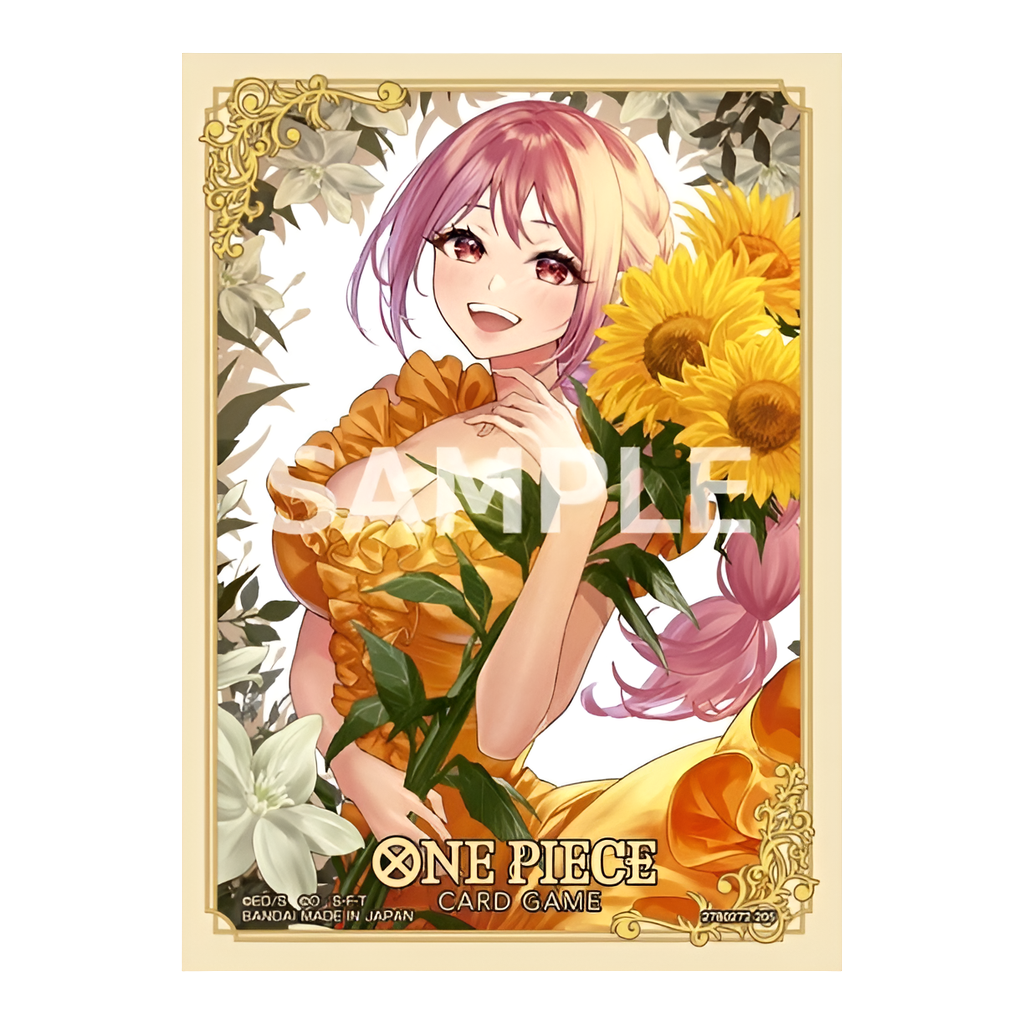 One Piece Card Game Rebecca protective sleeve featuring a smiling girl with pink hair holding yellow sunflowers.