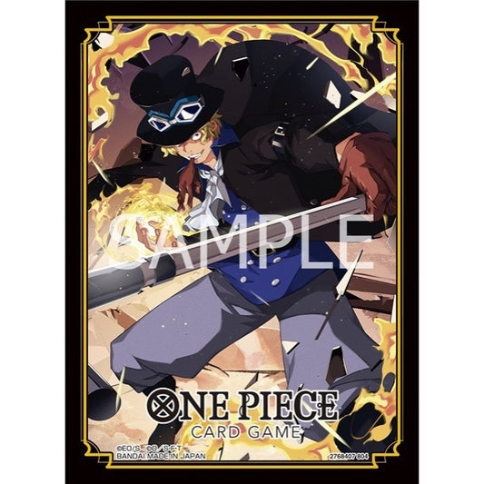One Piece Card Game protective sleeve featuring Sabo in a black top hat surrounded by flames, set of 70, official design.