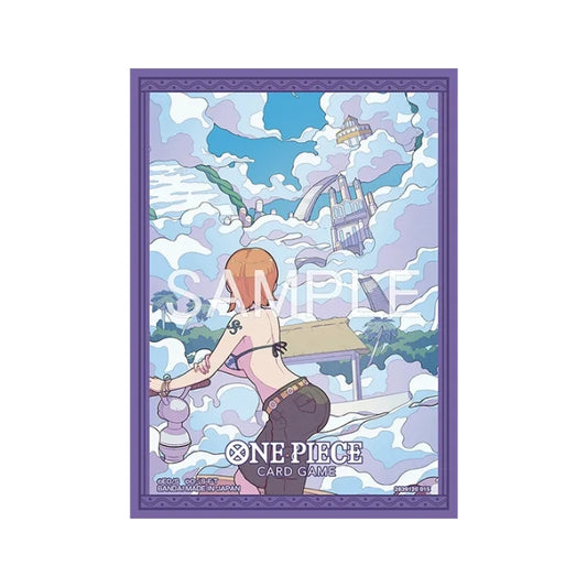 One Piece Card Game Skypiea protective sleeve featuring Nami in a purple border with a cloud-filled sky and castle design.