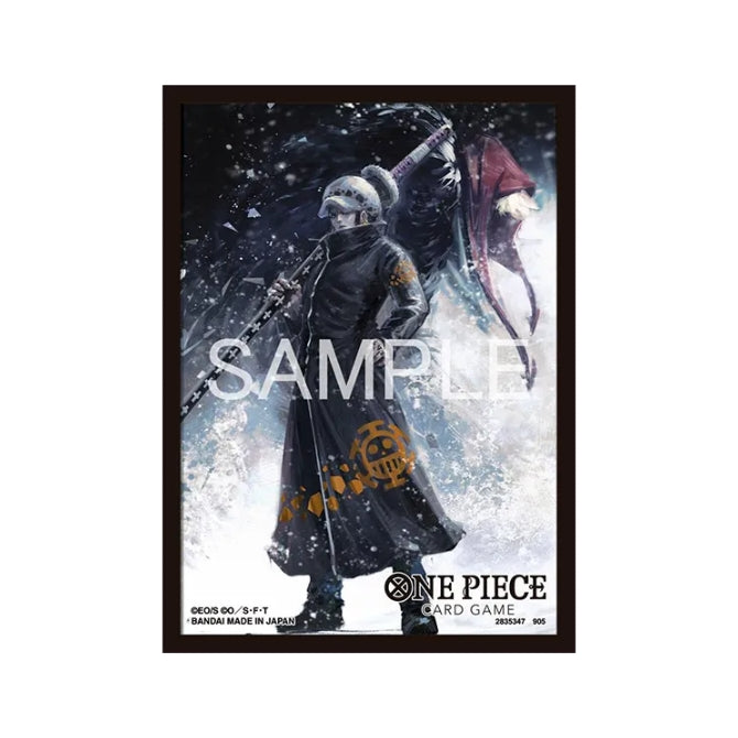 One Piece Card Game protective sleeve featuring Trafalgar Law in a black coat against a snowy background.