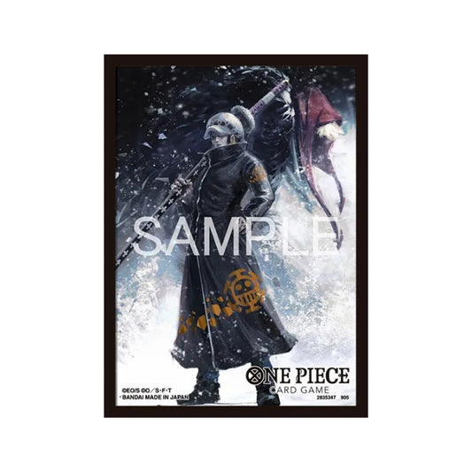 One Piece Card Game protective sleeve featuring Trafalgar Law in a black coat against a snowy background.
