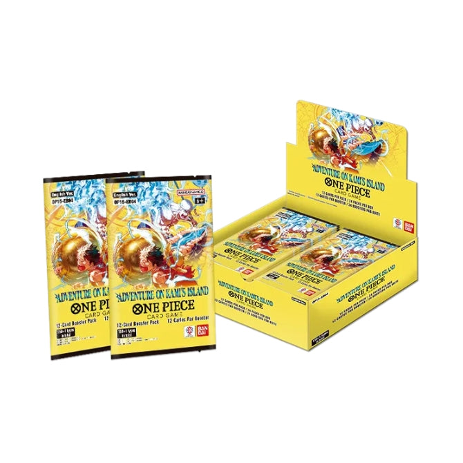 One Piece Card Game Adventure on Kami's Island booster box and two packs featuring Luffy in yellow and blue packaging.