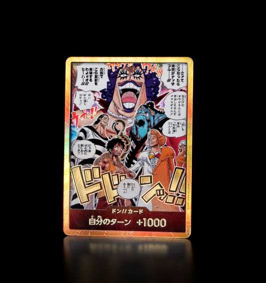 One Piece Card Game The Time of Battle gold Don! card featuring manga-style character art with a metallic foil finish.