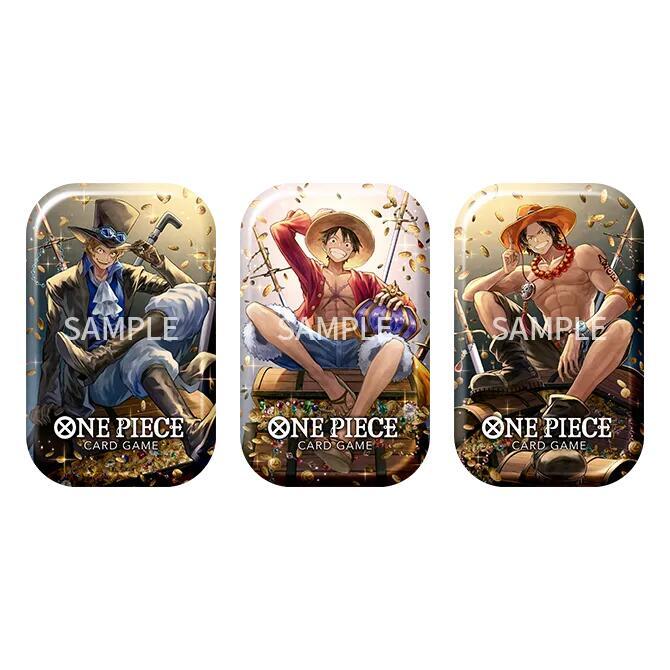 Three rectangular One Piece Card Game metal tins featuring Sabo, Luffy, and Ace sitting on treasure chests.