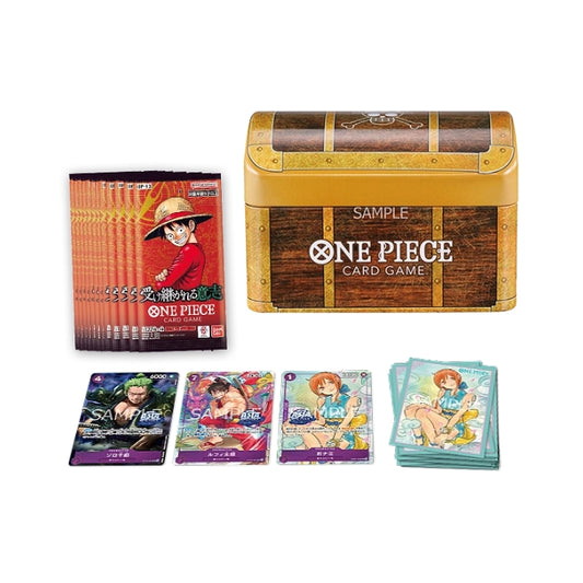 One Piece Treasure Chest Vol.1 set with a wooden-style tin, 12 OP-13 booster packs, three promo cards, and card sleeves.